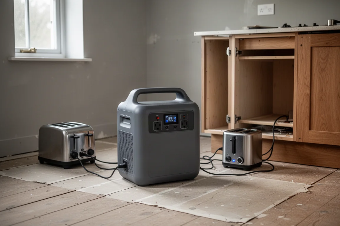 Tragbare Powerstation auf einem entkernten Küchenboden, die während einer Renovierung einen Toaster betreibt