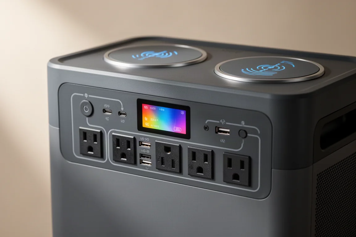 Nahaufnahme der Frontplatine einer Powerstation mit AC-Steckdosen und kabellosen Ladepads