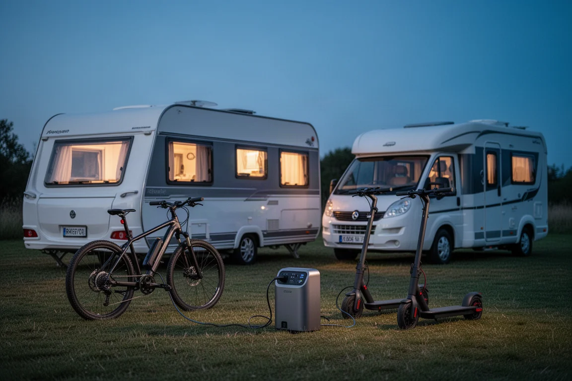Campingszene in der Dämmerung mit einem Wohnwagen und einem E-Bike, das an einer Powerstation lädt