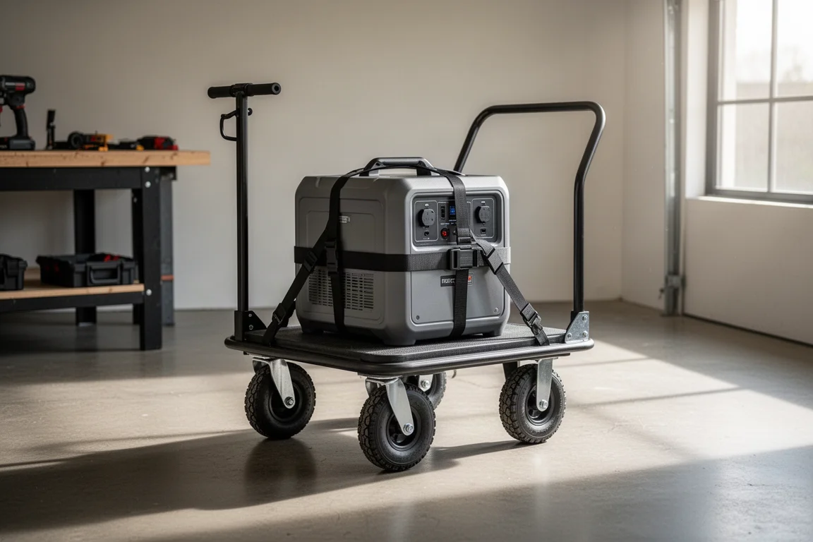 Transportwagen mit einer großen Powerstation über einen Betonboden in der Garage