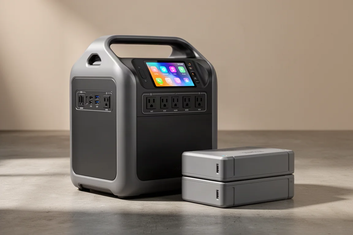 Bluetti AC300 power station beside its B300 expansion battery on a concrete floor