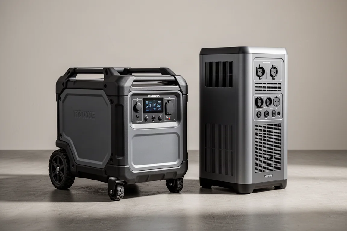 Two large portable power stations side by side on a concrete floor