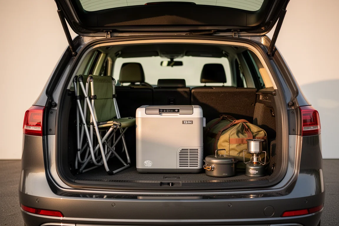 Beladene Heckklappe eines Autos mit 12-Volt-Kühlschrank und Ausrüstung im Laderaum für das Camping