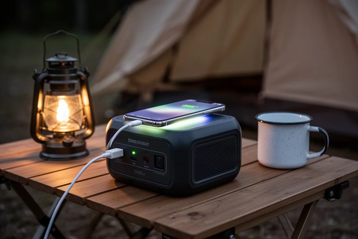 Smartphone lädt kabellos auf einer portablen Power Station auf einem Campingtisch