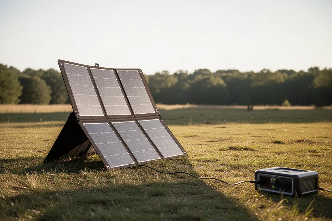 Zusammengefaltetes portables Solarpanel zur Sonne ausgerichtet auf einem grasbewachsenen Campingplatz