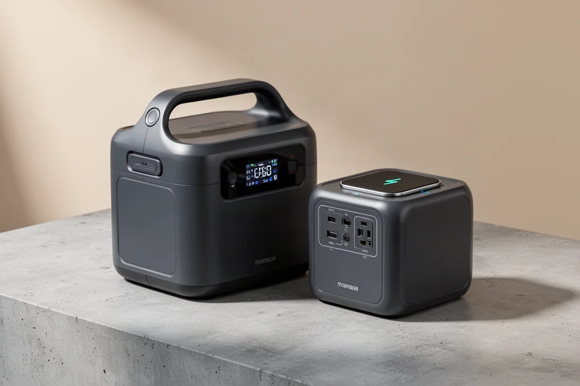 Two Bluetti portable power stations side by side on a concrete surface with top carry handles