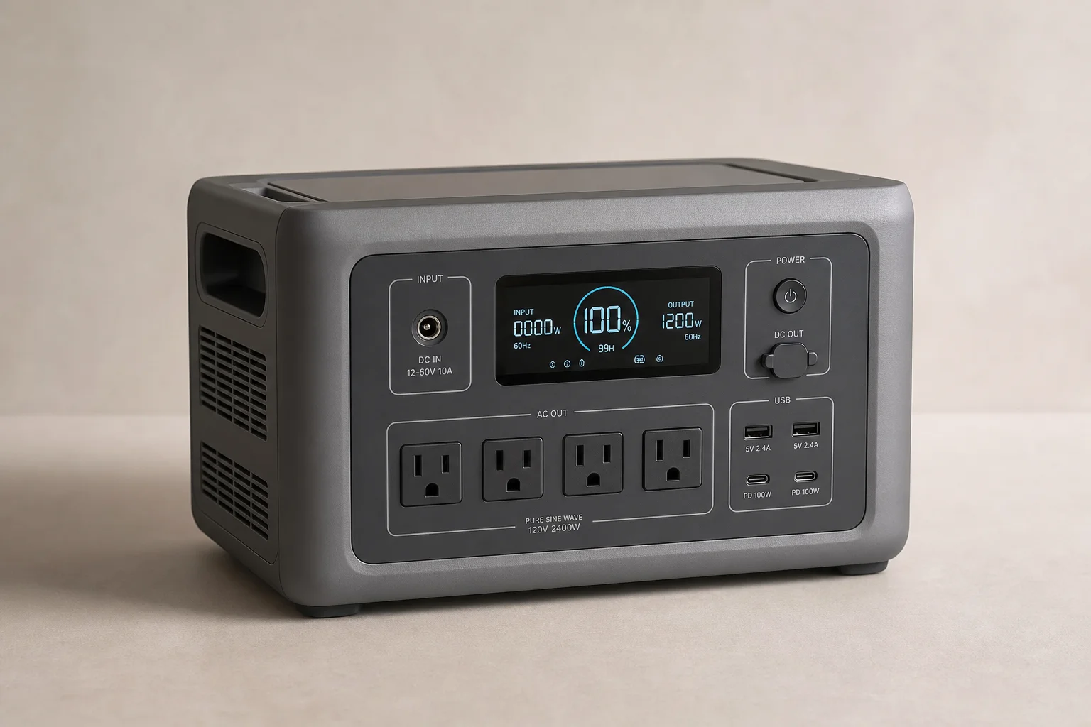 Nine portable power stations arranged by size from compact to large on concrete surface