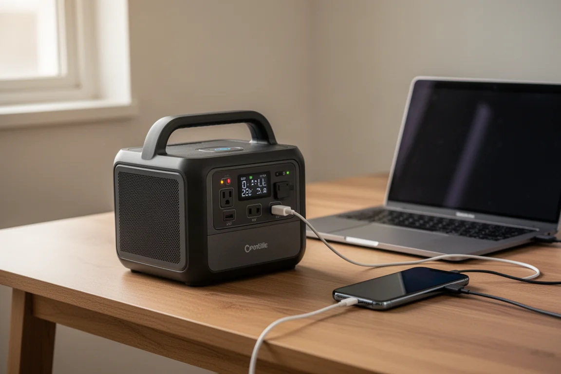 Tragbare Powerstation auf einem Schreibtisch, die einen Laptop und ein Phone-Ladegerät versorgt
