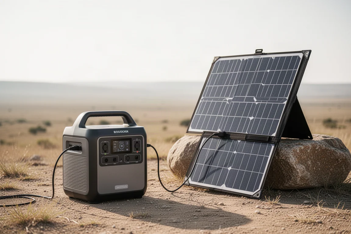 Powerstation wird im Freien bei hellem Tageslicht über ein tragbares Solarpanel geladen