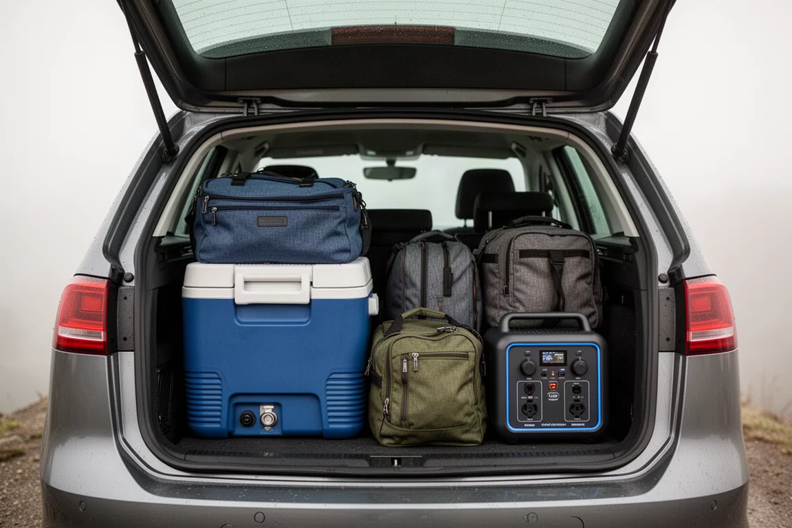 Kühlbox und Reiseausrüstung für einen Roadtrip im Kofferraum eines Autos verstaut