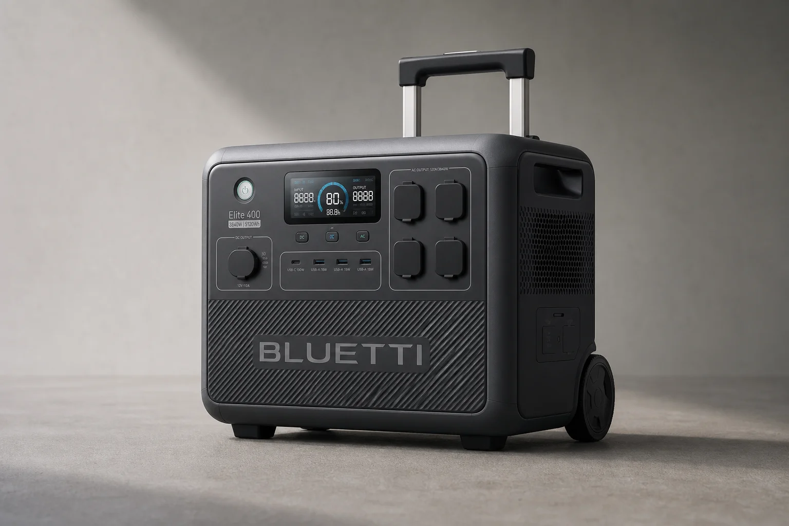 Estación de energía portátil Bluetti Elite 400 con ruedas y panel de control sobre una superficie gris