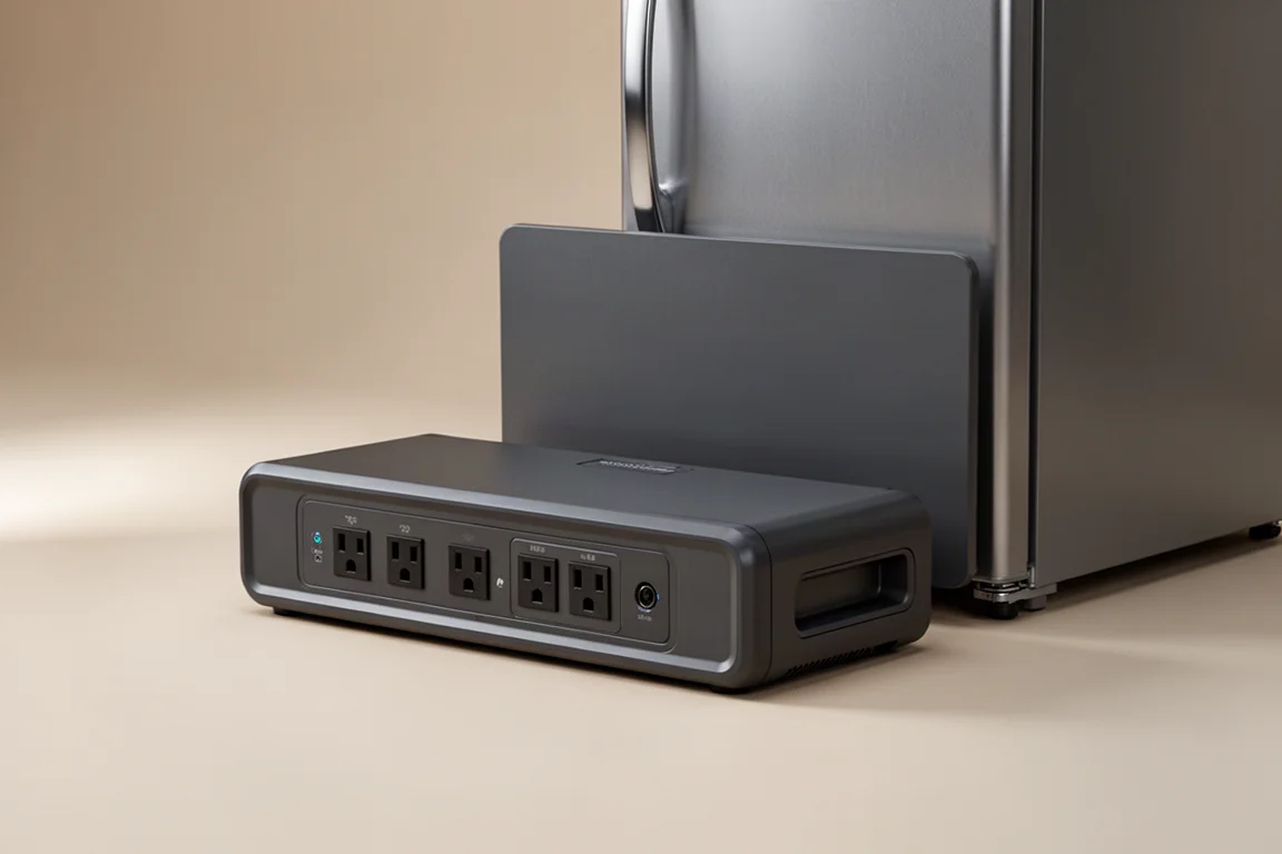 コンクリートの表面に、さまざまなサイズの5台のBLUETTIポータブル電源が並べられている様子