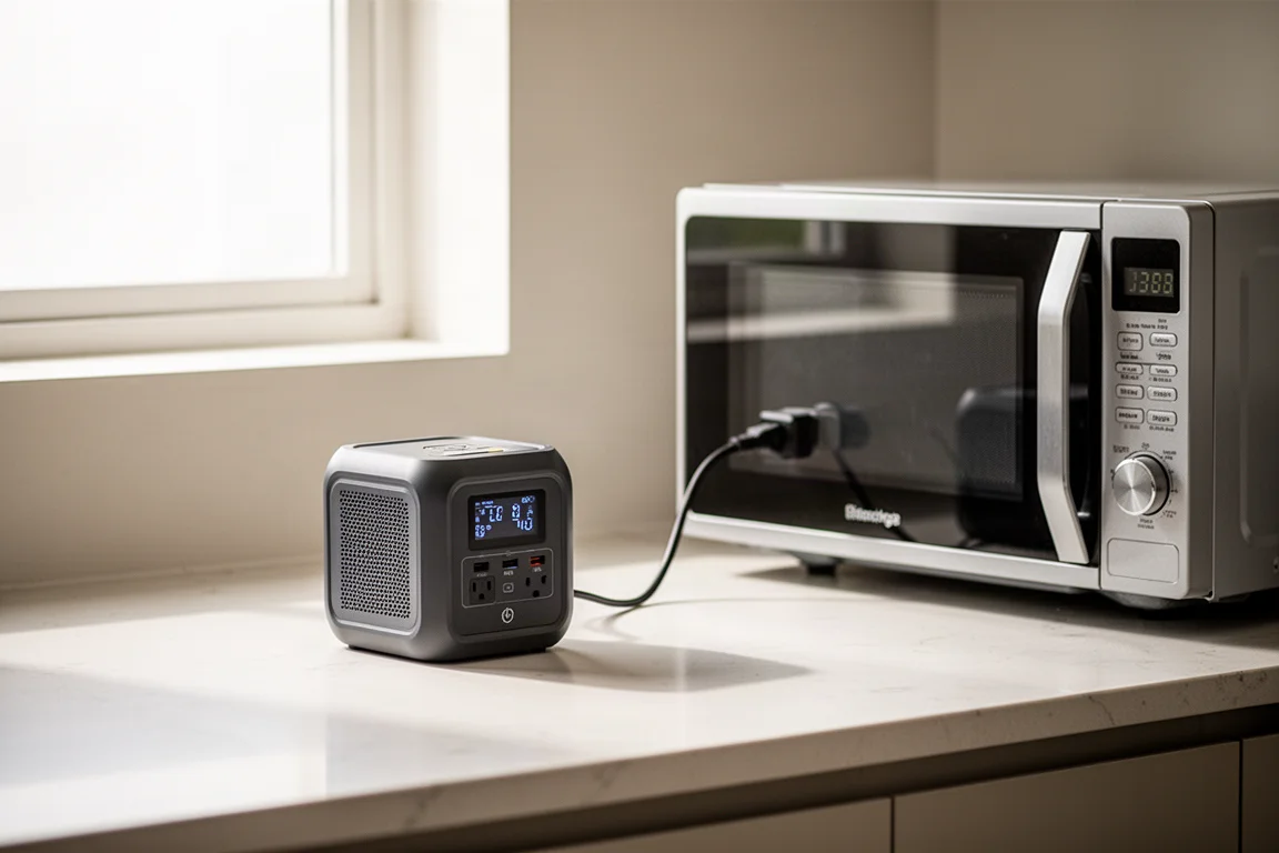 キッチンで電子レンジに電力を供給する、小さな立方体形のポータブル電源