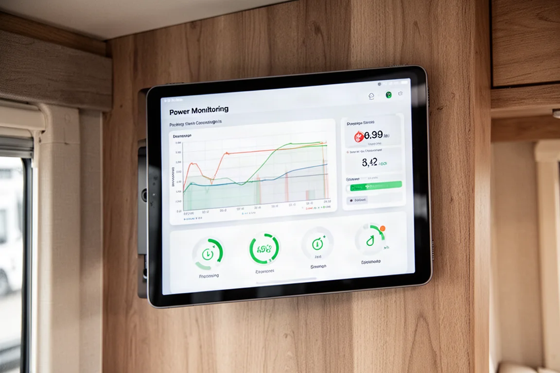掛在牆上的 E-Pad 觸控平板,顯示系統監控數據