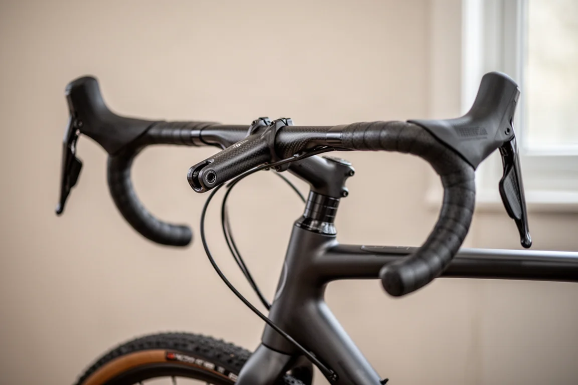 Nahaufnahme eines Gravelbike-Cockpits mit schmalem, ausgestelltem Lenker