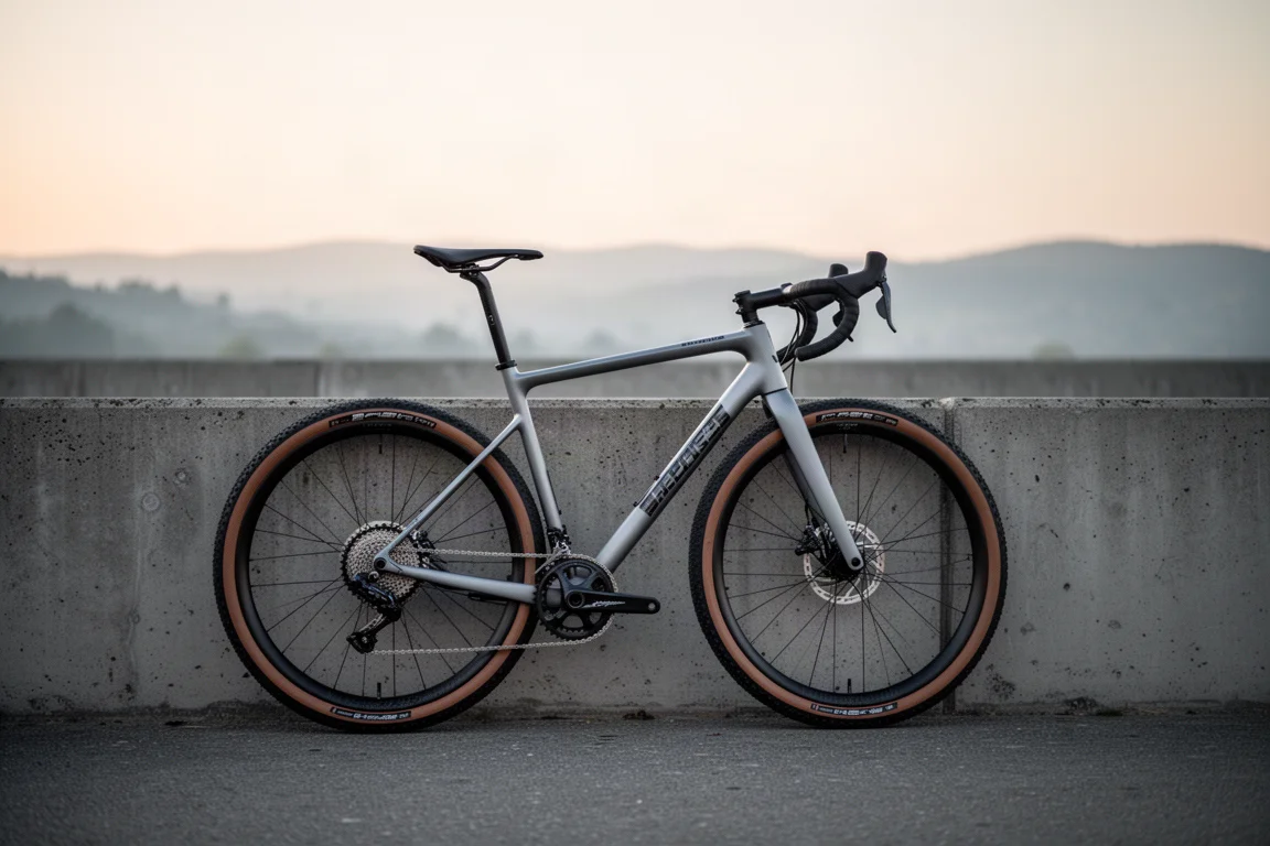Gravel-Rennrad lehnt im Morgengrauen an einer Betonwand