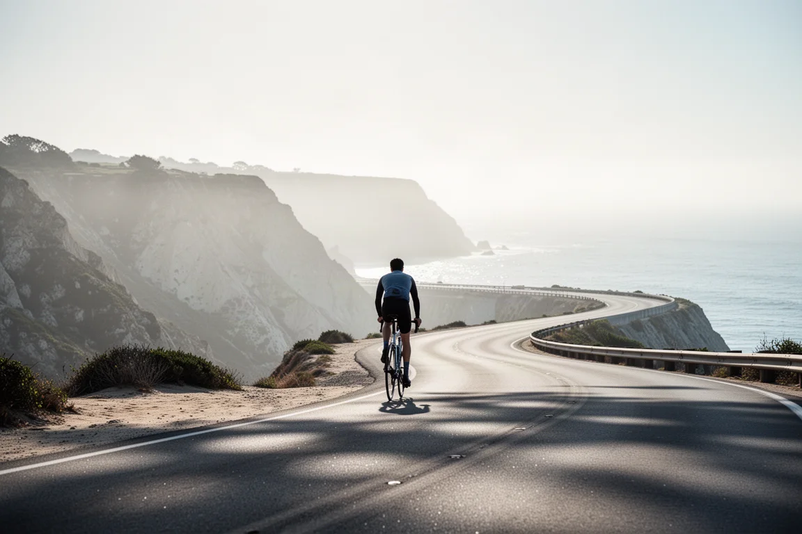 Cyclist on a carbon road bike on a smooth coastal road in early morning light