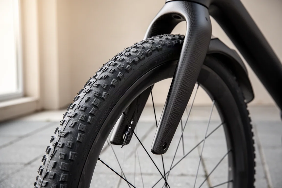 Close-up of a road bike fork crown and wide tire with generous clearance