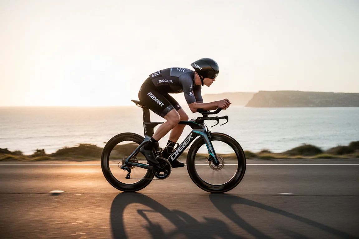 Triathlete riding an aerodynamic bike on a coastal road at sunrise
