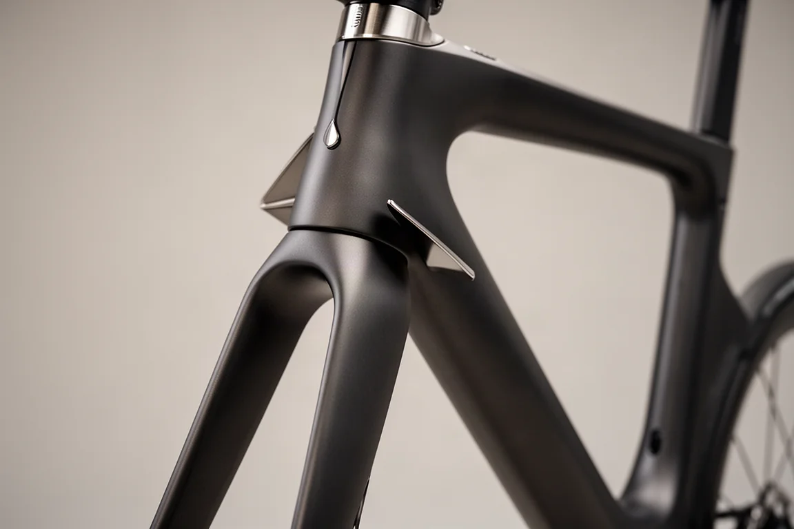 Close-up of an aerodynamic fork and frame junction on a triathlon bike