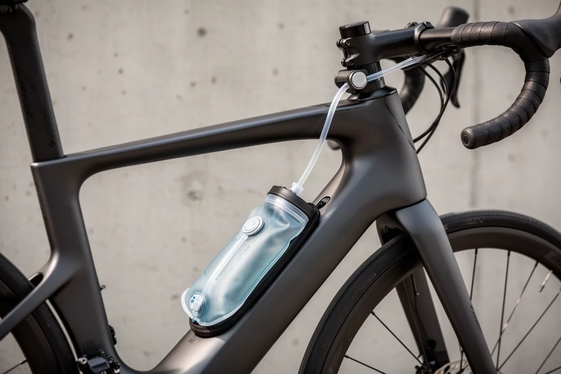 Hydration reservoir and bottle straw mounted on a triathlon bike frame