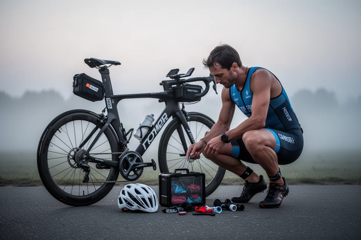 Triathlete preparing race gear beside a bike before a competition