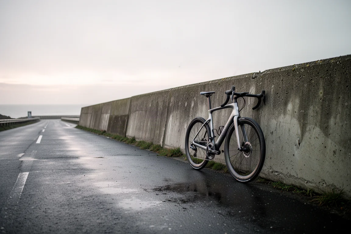 Aero-Rennradfahrer fährt schnell auf einer leeren Küstenstraße im Licht des frühen Morgens