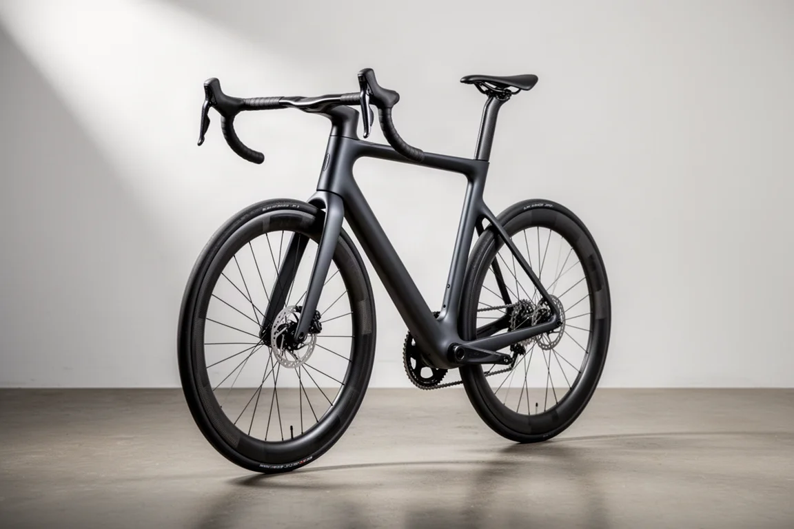 Modern carbon aero road bike with deep bladed fork on a neutral studio backdrop