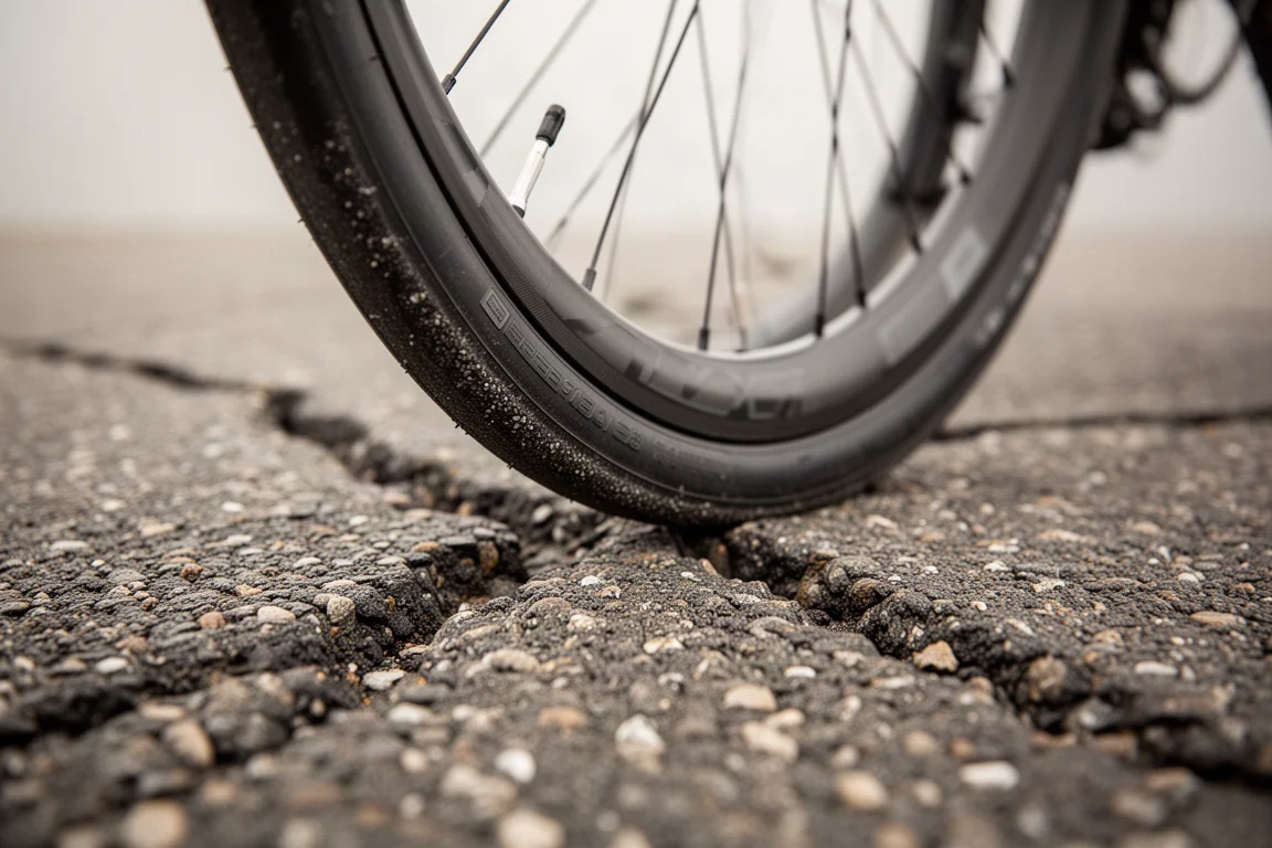 Área de contato do pneu de bike de estrada em asfalto áspero com chip-seal
