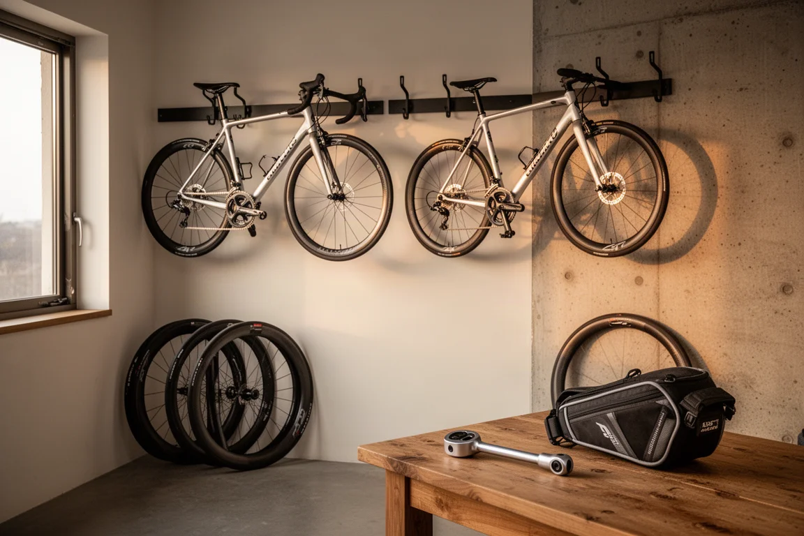Bikes de estrada leves e rodas de carbono em uma oficina organizada