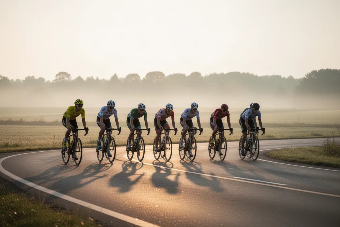 Rennradfahrer, der bei Sonnenaufgang auf einem leichten Rennrad eine steile Steigung erklimmt