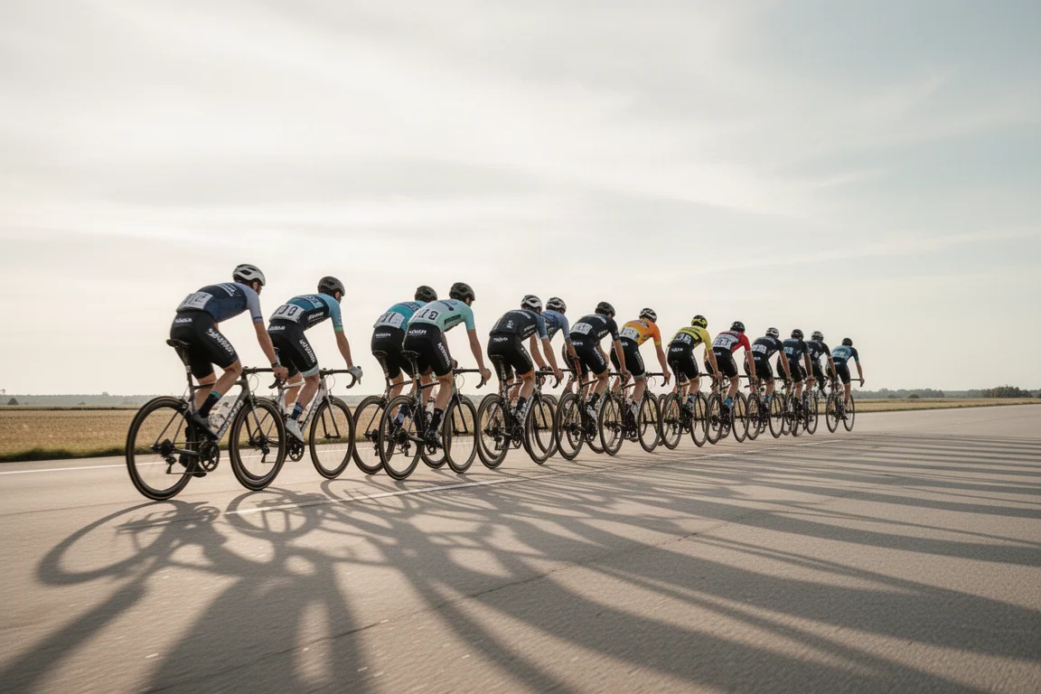 Rennrad, das bei Sonnenaufgang vor einer frühen Gruppenausfahrt an einer Wand lehnt