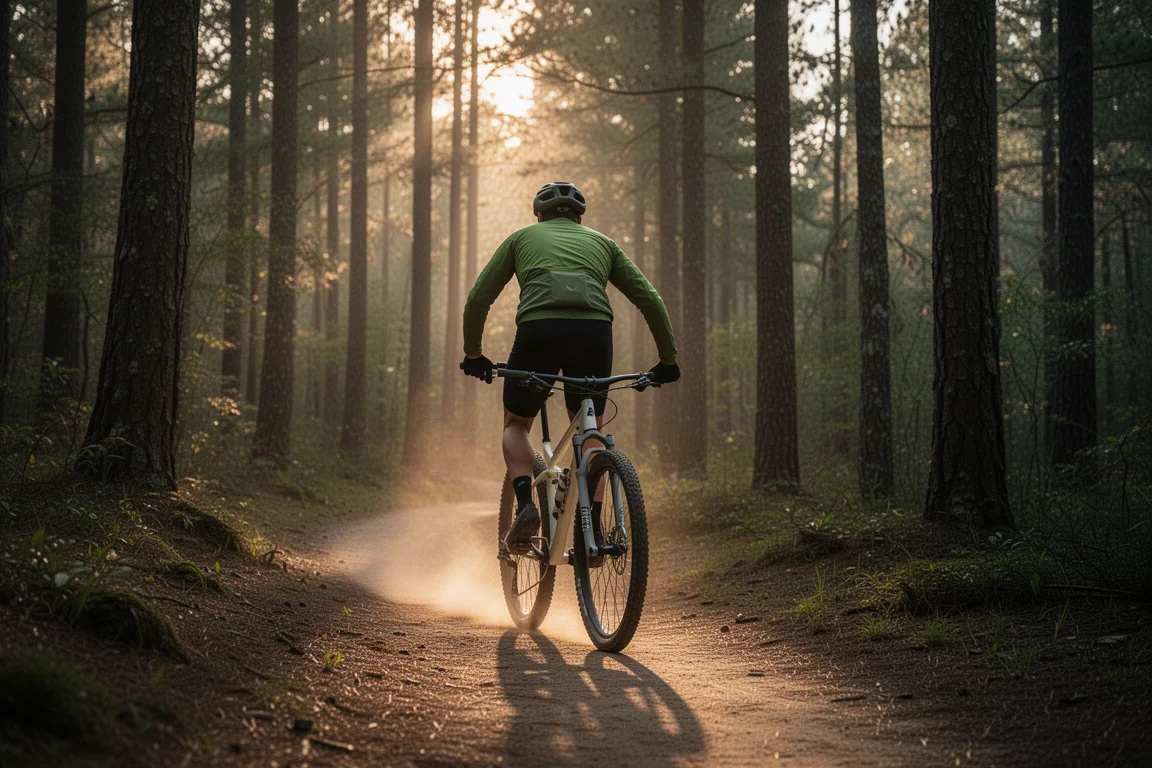Ciclista che sale su un singletrack scorrevole nel bosco con una hardtail leggera all'alba