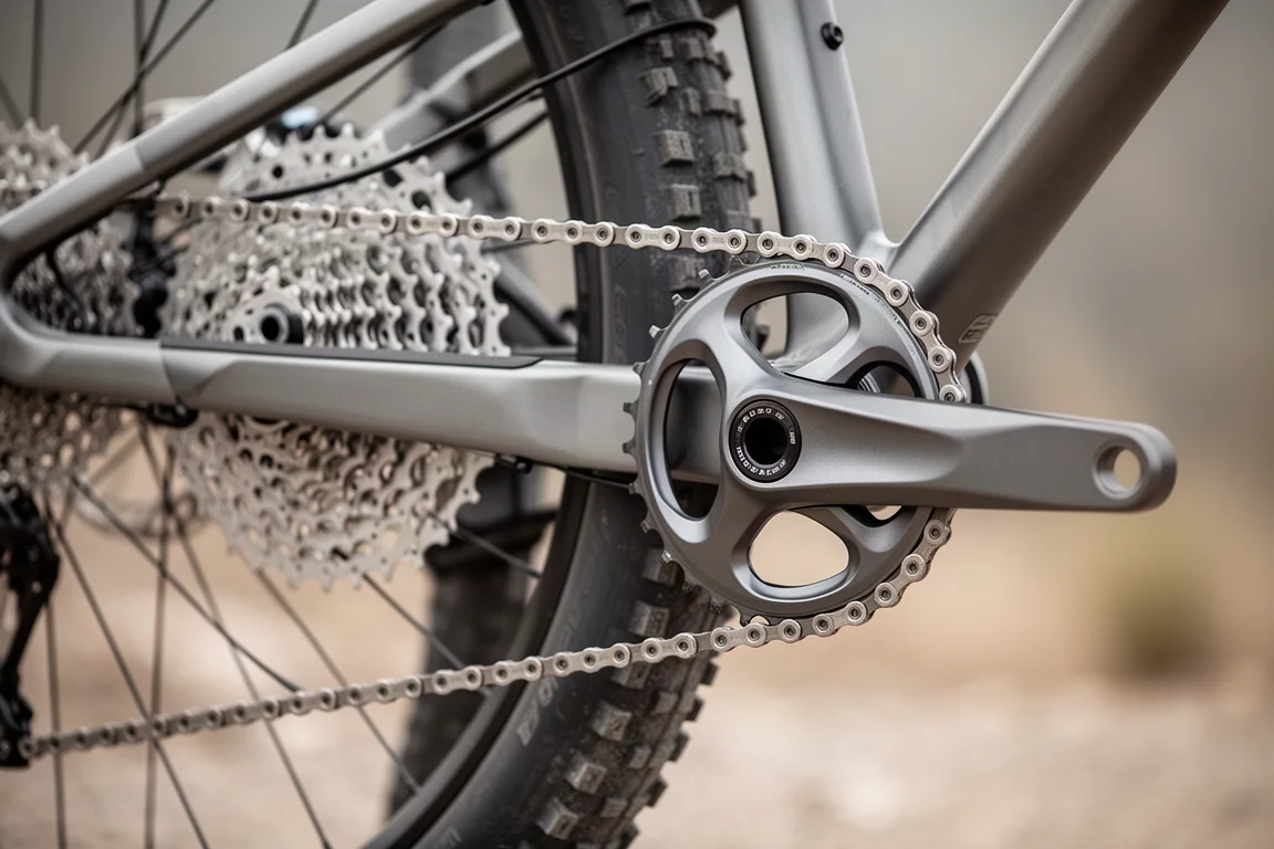 Primo piano della trasmissione di una mountain bike con catena su una cassetta leggera
