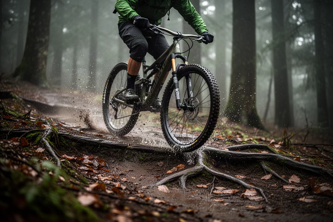 Mountain biker in discesa su un trail bagnato e pieno di radici con spruzzi dagli pneumatici stretti
