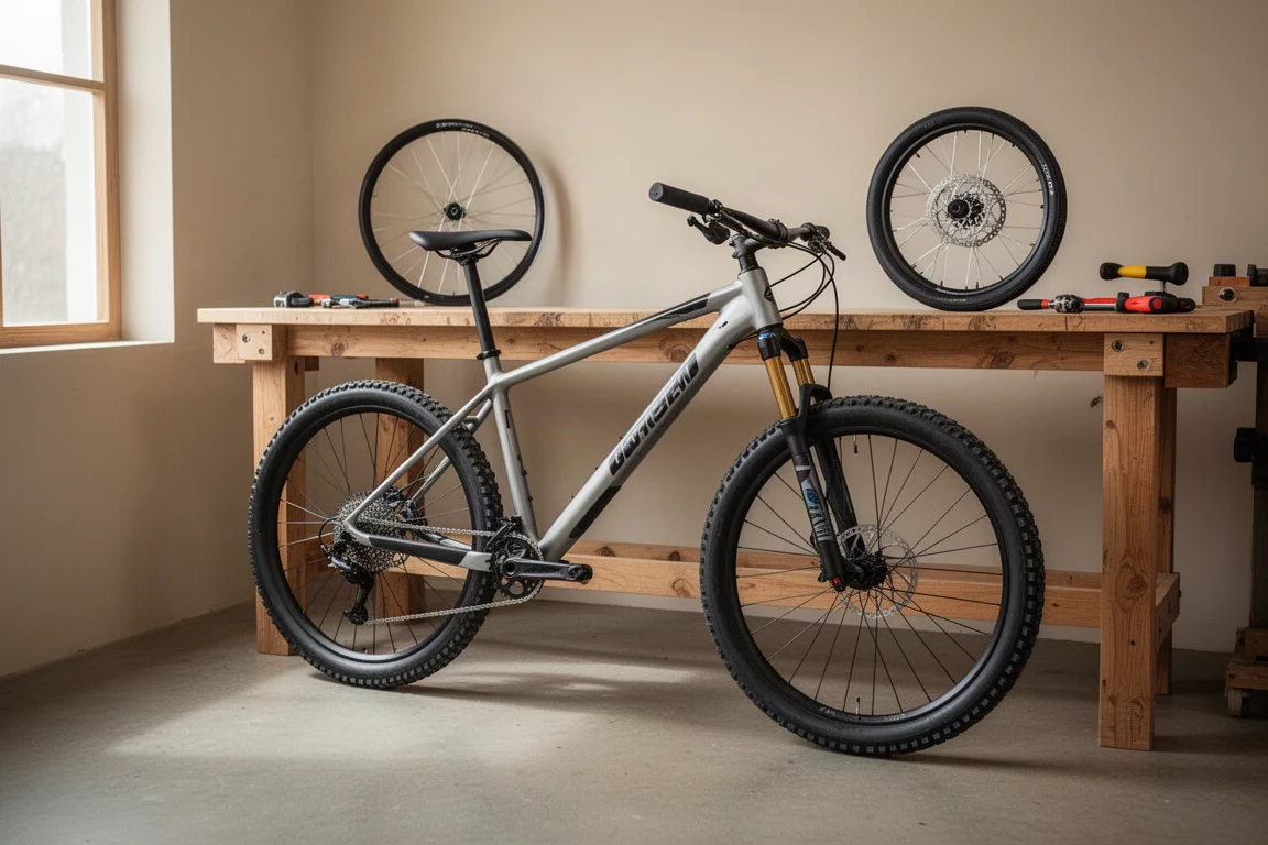 Hardtail mountain bike leggera appoggiata a un banco da lavoro in un'officina ordinata