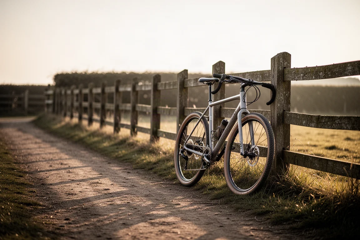 Gravel bike leaning against a wooden fence beside a dry country track at sunrise