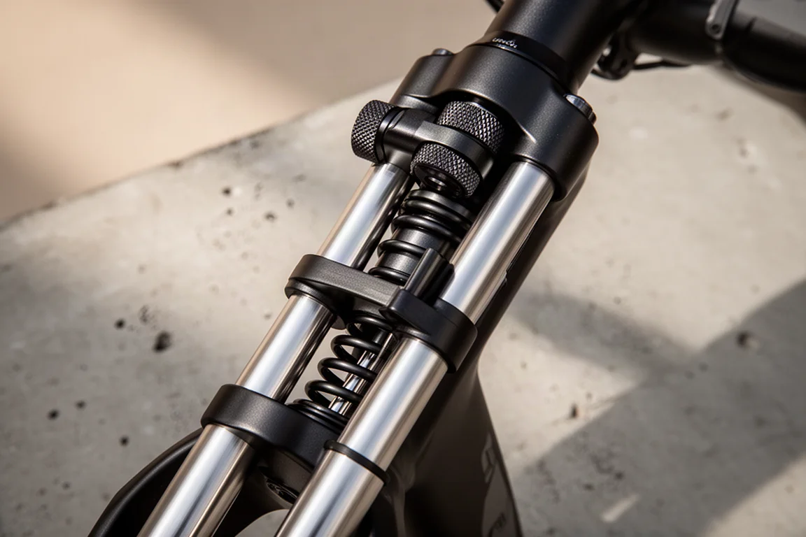 Close-up of a bicycle head tube suspension unit with alloy shafts and a damper dial