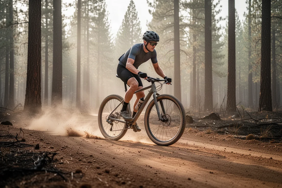 Gravel rider cornering on a loose forest fire road with trees in the background