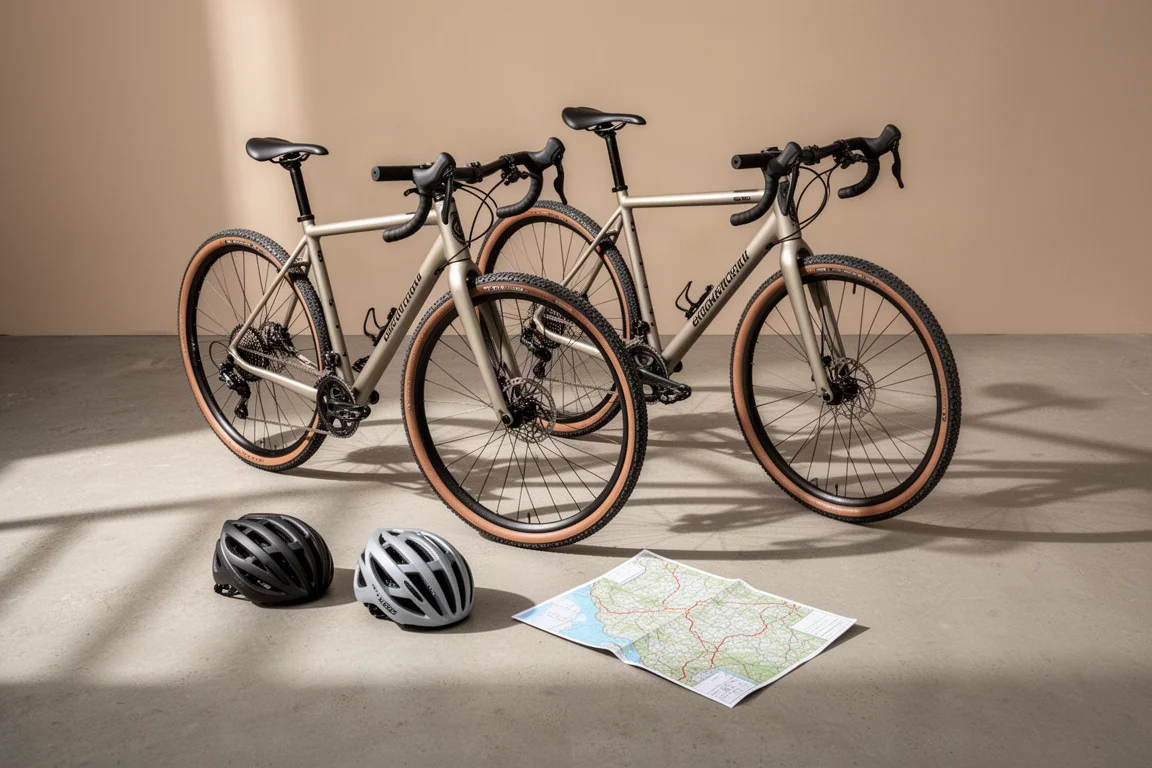 Two gravel bikes parked side by side on a concrete surface with helmets nearby