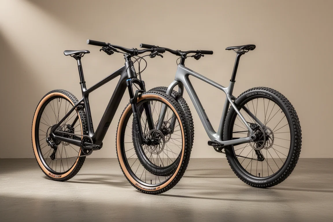 Twee high-end gravelfietsen naast elkaar op een mat betonnen oppervlak, één met een verende voorvork