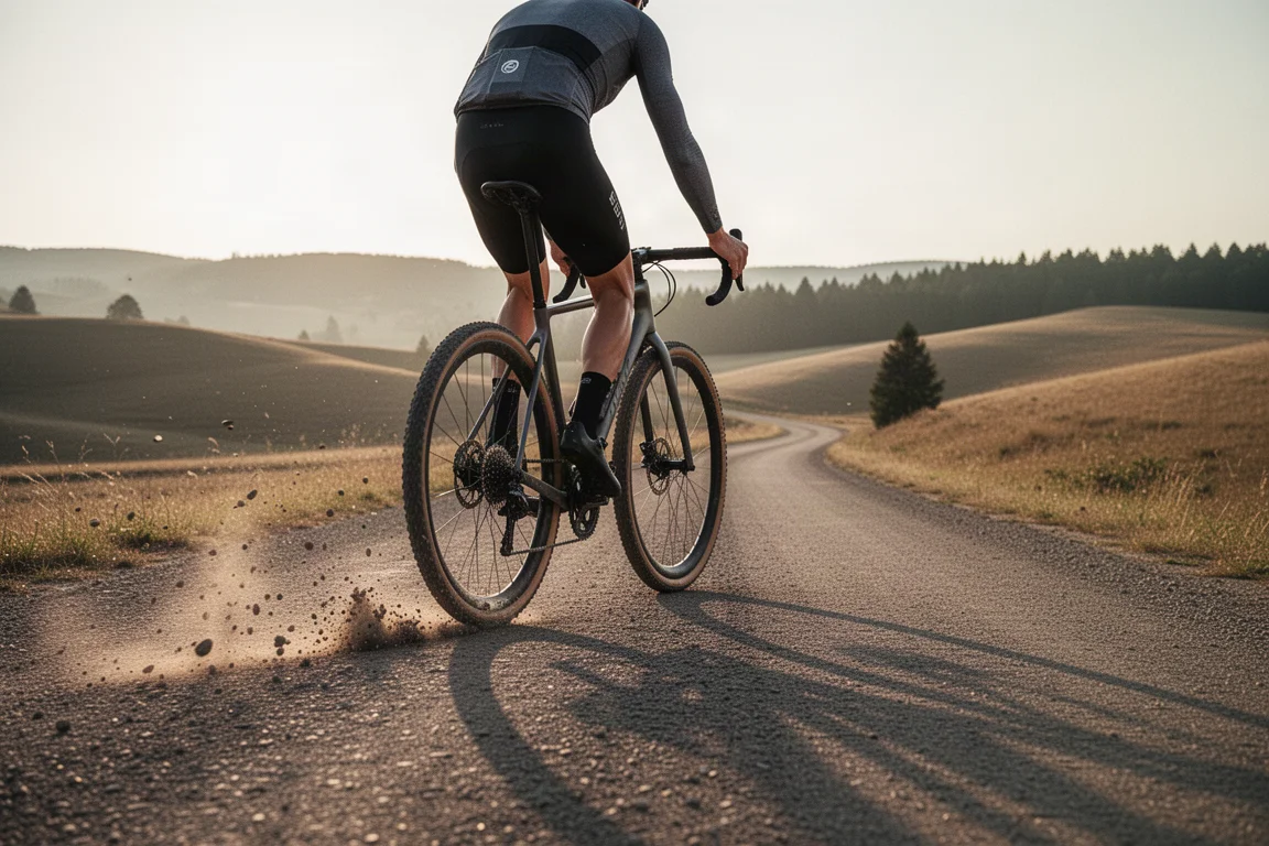 Gruscyklist som cyklar på en jämn grusväg genom böljande kullar i gyllene kvällsljus
