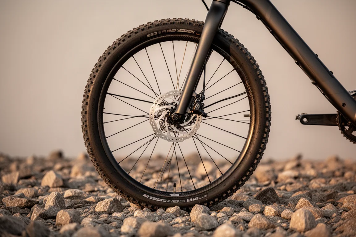 Detalj av framhjulet på BMC URS LT med en stor bromsskiva och 40 mm grusdäck på löst underlag