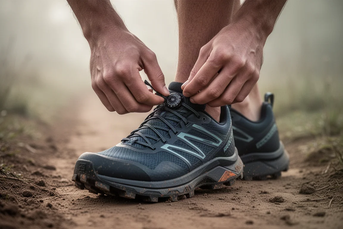 Trailrunner zieht vor dem Lauf eine BOA-Scheibe an einem Trail-Schuh fest