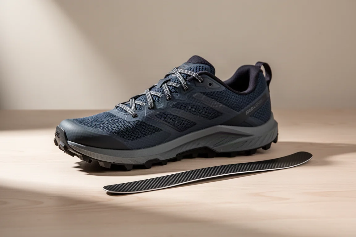 Läufer stellt während eines Abstiegs mitten auf dem Trail eine Schuhscheibe nach