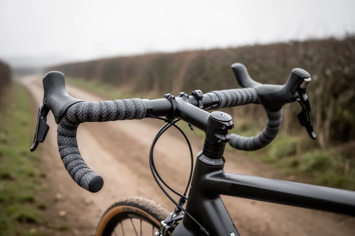 Zbliżenie na rozszerzoną kierownicę baranek i hydrauliczną dźwignię hamulca w rowerze gravel