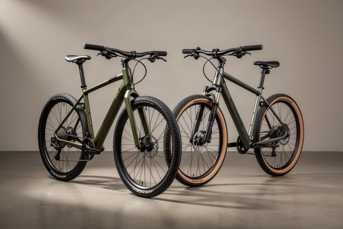 Two Boardman Adventure gravel bikes, a drop-bar carbon model and a flat-bar suspension model, on concrete