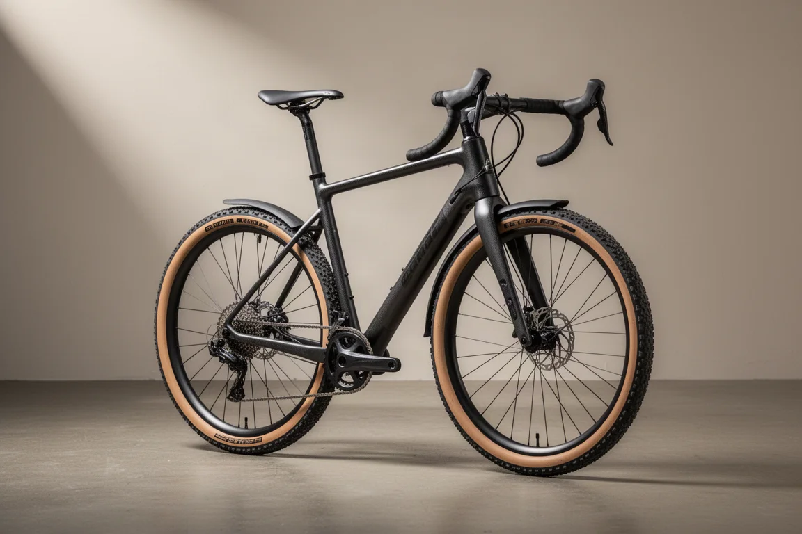 Carbon gravel bike with flared handlebar, frame bag and tan-wall tyres on a concrete surface