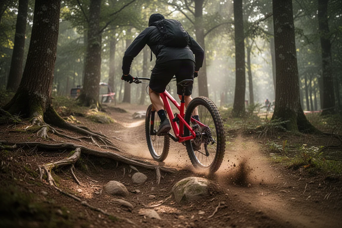 Mountainbikecyklist som cyklar på en rotig skogsstig i fläckigt morgonljus