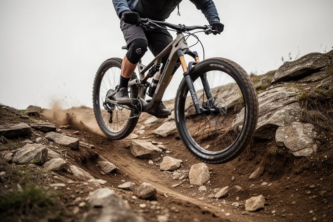 Heldämpad mountainbike som kör nedför en stenig, eroderad stigsektion